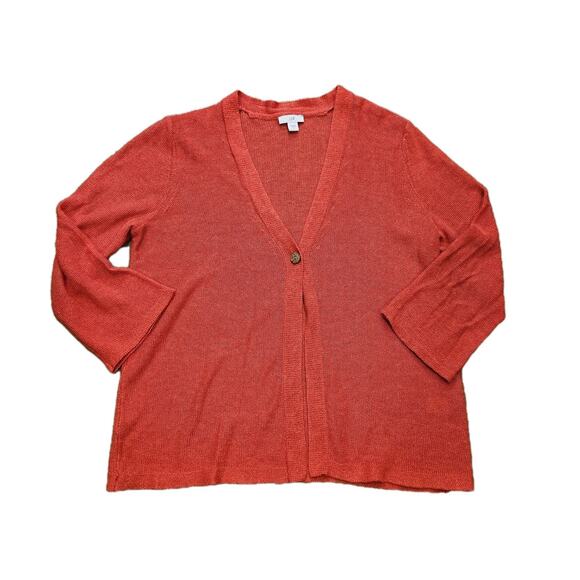 J. Jill Linen Blend Cardigan Women S Red 1 Button Beach Boho Cottagecore 3/4 Slv - Picture 1 of 9